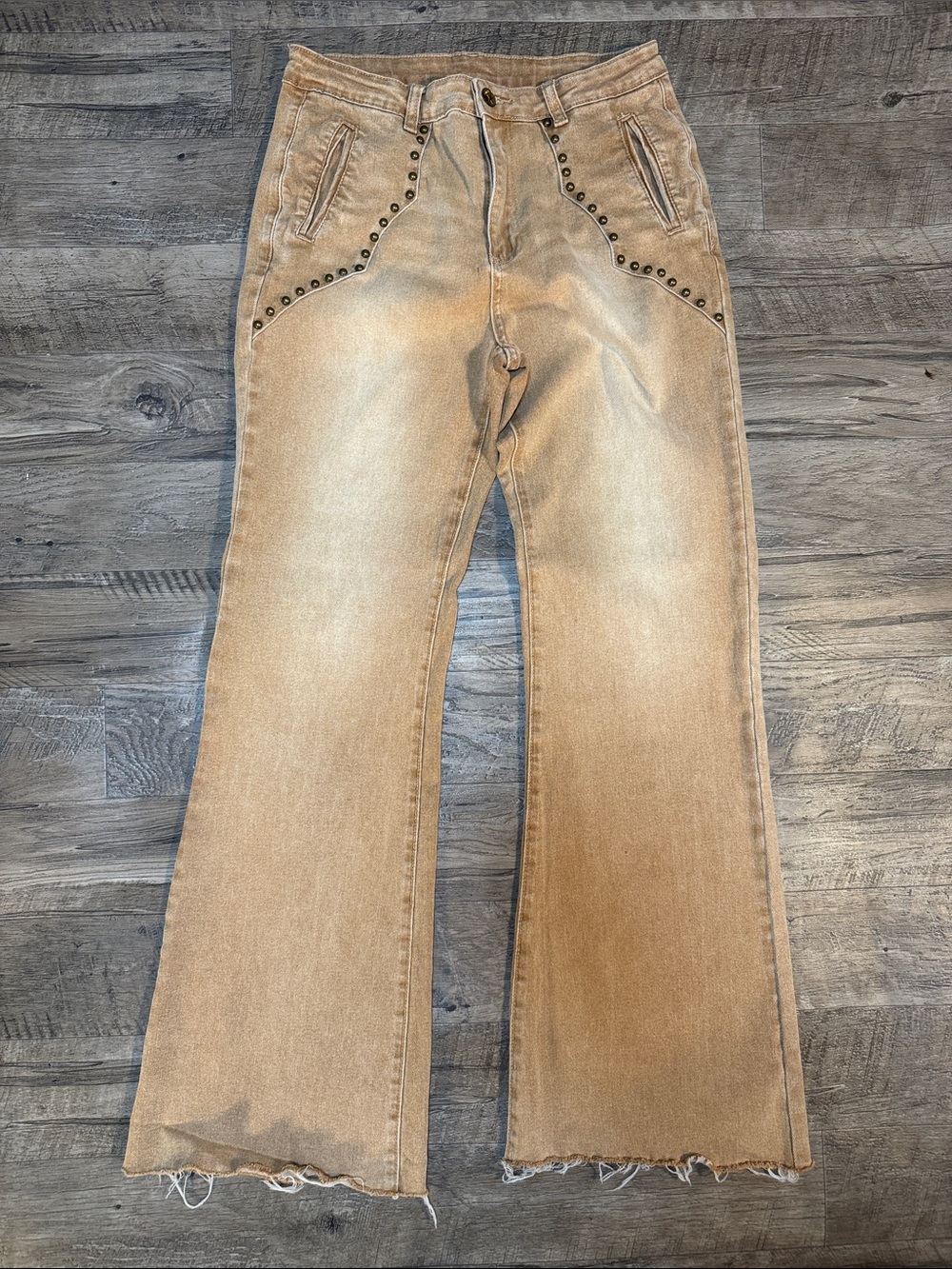 Judy B. High-Rise Brown Flare Jeans with Stud Detail - Size L